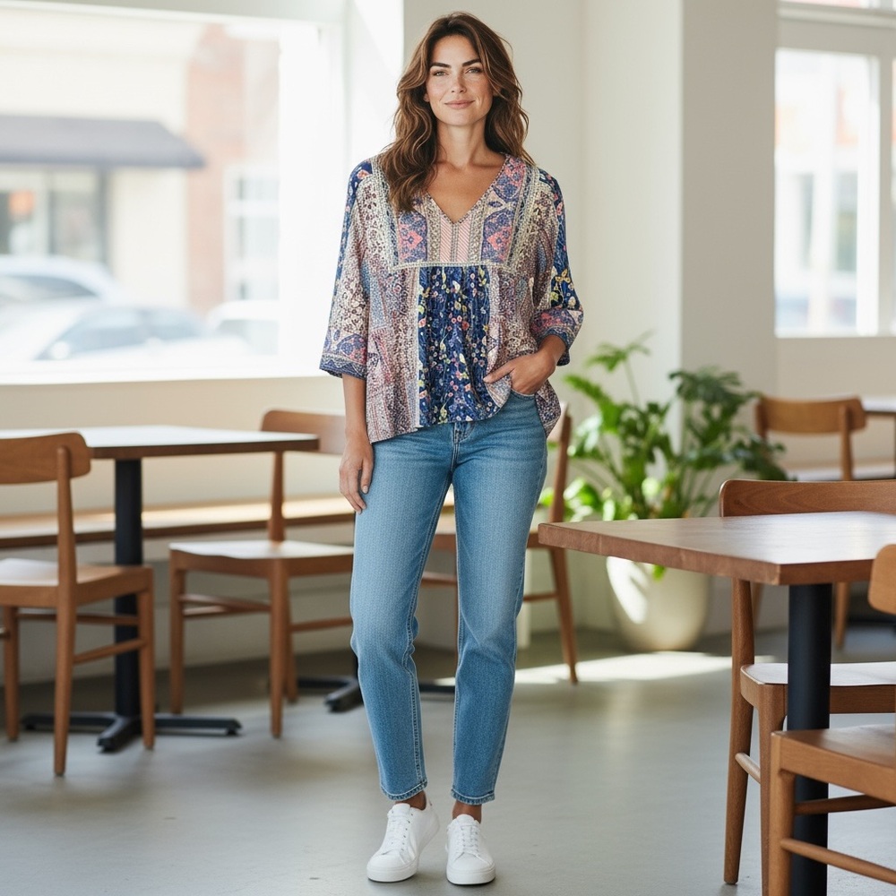 Boho Patchwork Floral Blouse Navy Coral Cream V-Neck Top